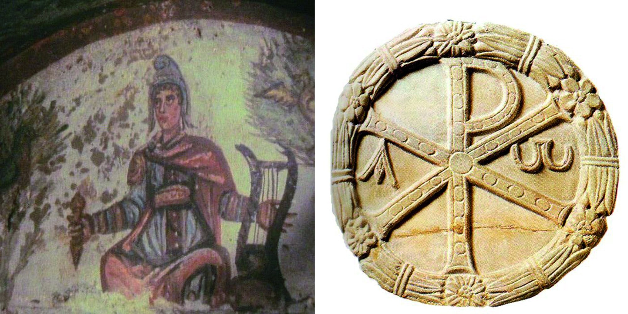 Слева. Изображение Христа в виде Орфея. I век. Справа. Лабарум. Катакомбы Прискиллы.