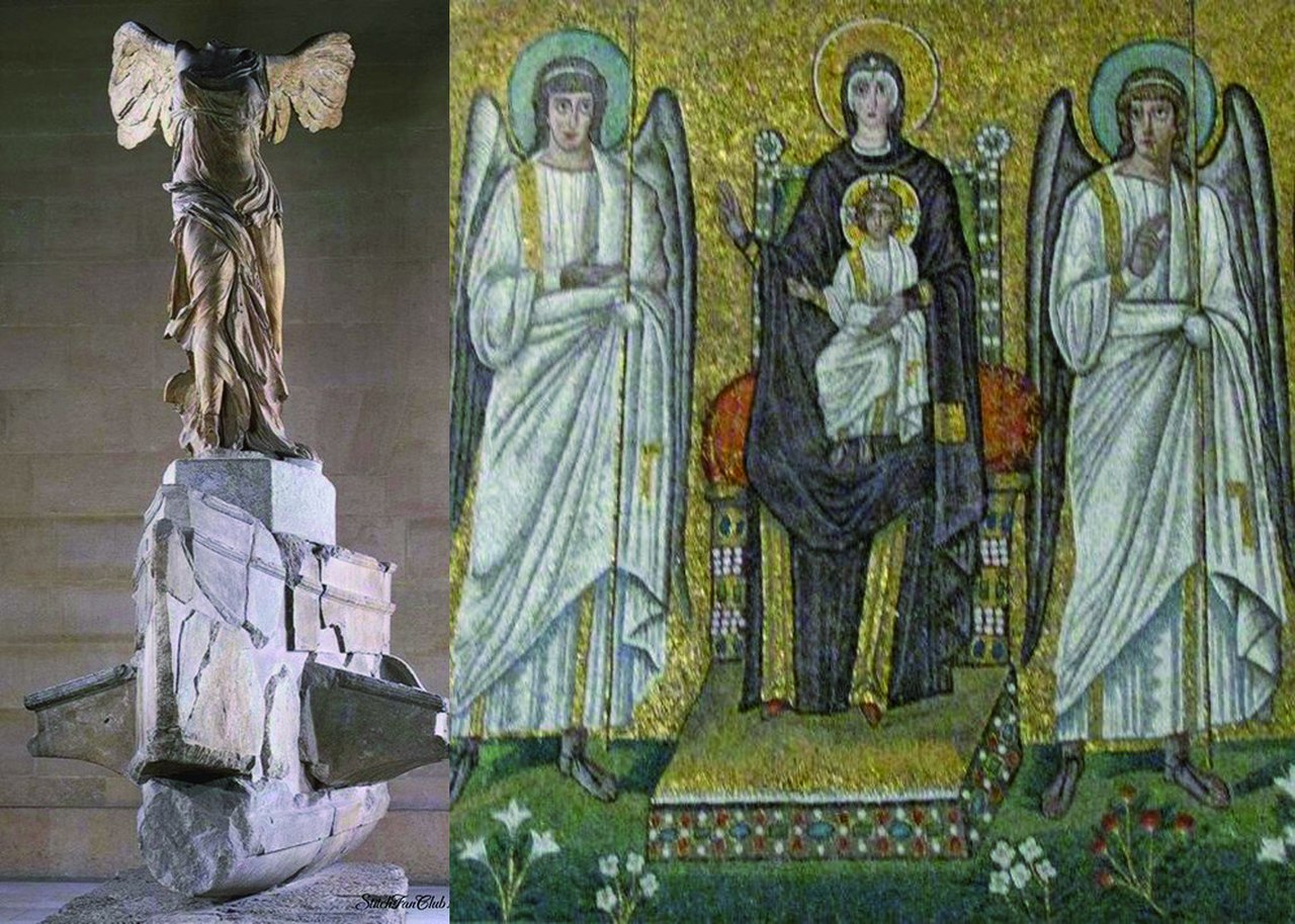 Слева. Ника Самофракийская. II в. до н.э. Справа Богоматерь с ангелами. Базилика Сан-Апполинаре Нуово в Риме. Начало VI века.