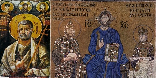 Слева. Апостол Пётр. Энкаустическая икона. Синай. VI век. Справа Император Константин IX и императрица Зоя перед Христом. Мозаика Софийского собора. IX век.