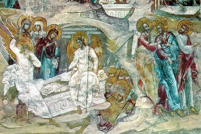 Жены мироносицы у гроба Господнего. Фреска церкви Николы Мокрого