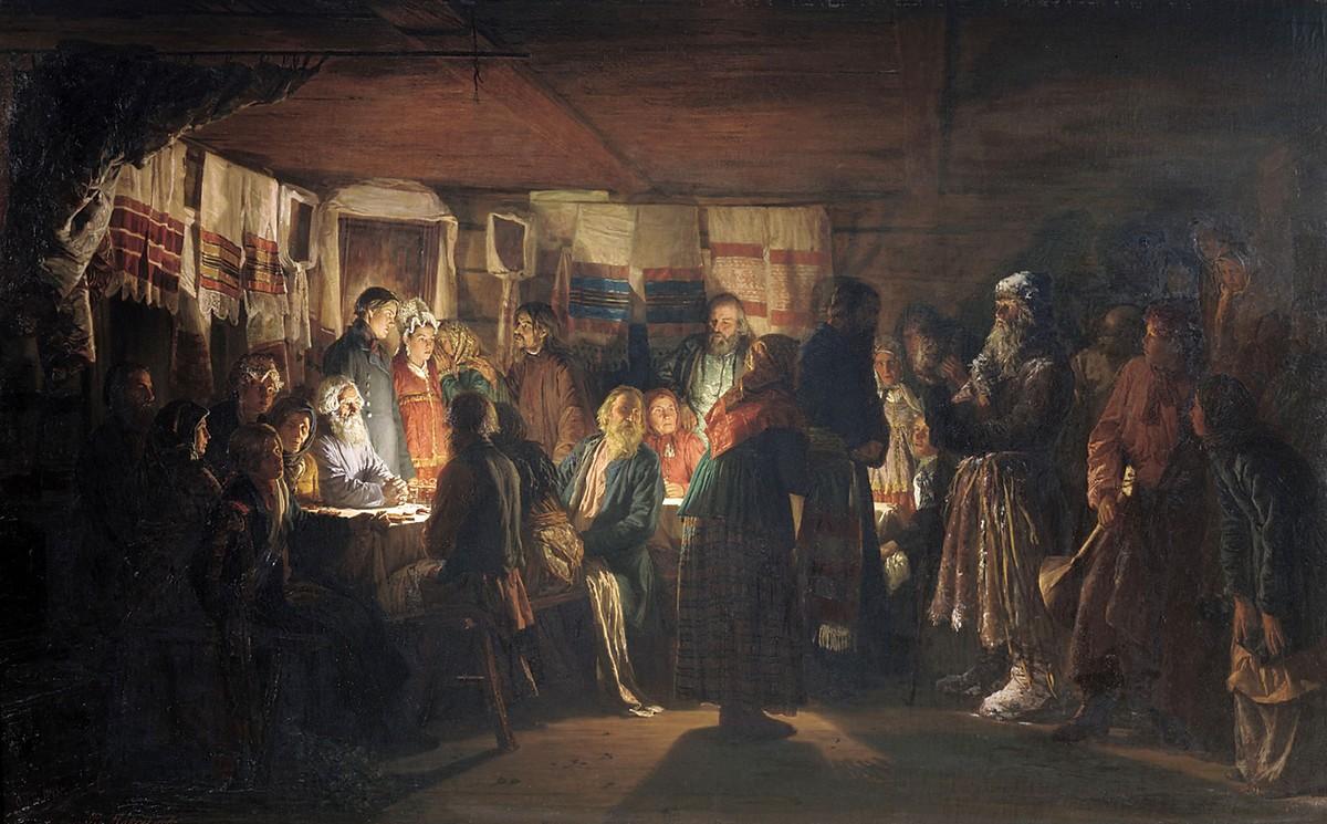 В. М. Максимов, «Приход колдуна на крестьянскую свадьбу». 1875 г.